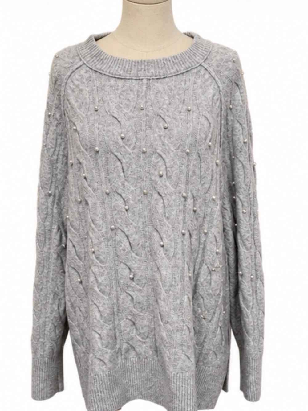 aerie Light Gray Cable Knit Crewneck Sweater with Pearls
